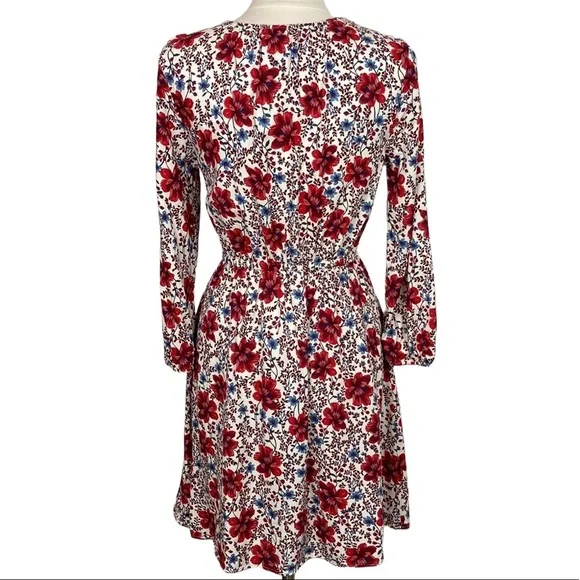 Cream and Red Floral V Neck Long Sleeve Dress - Picture 7 of 14